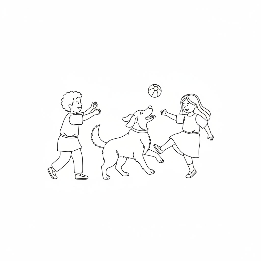 Risco em contornos: um cachorro entre duas crianças brincando com uma bola